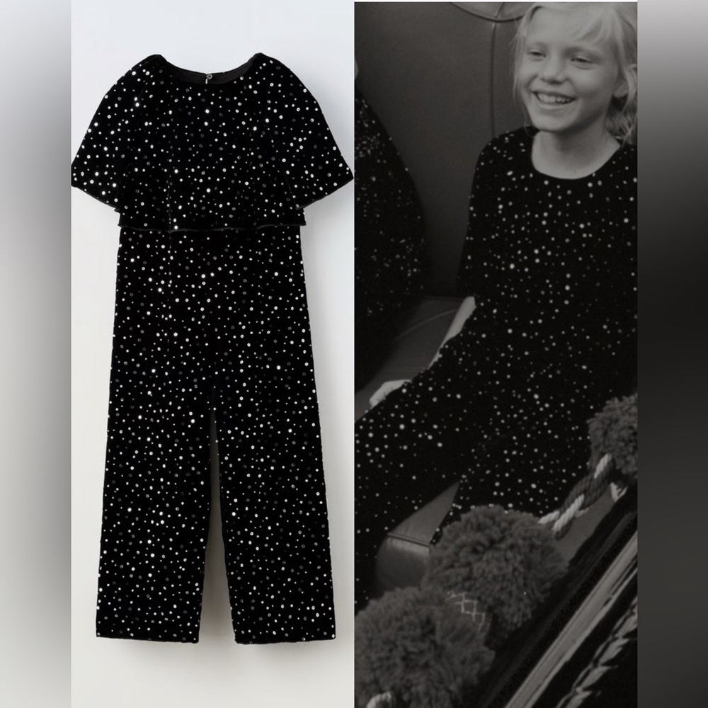 NWT ZARA Kids Sequin Velvet Jumpsuit Girls Party Holiday , size 11-12 Years
